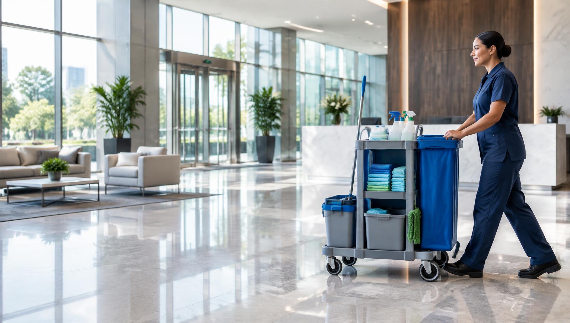 A professional cleaner with a cleaning cart in a modern commercial lobby